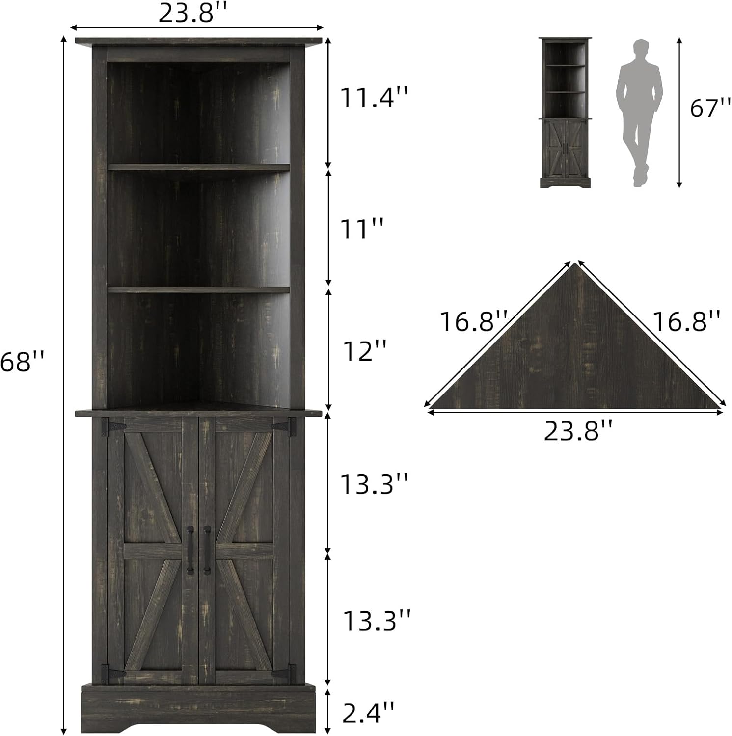 4 EVER WINNER Farmhouse Corner Cabinet, 68" Tall Corner Cabinet with 5-Tier Adjustable Shelves and Barn Doors for Small Spaces, Living Room, Dining Room, Hallway, Bathroom, Kitchen, Rustic Oak