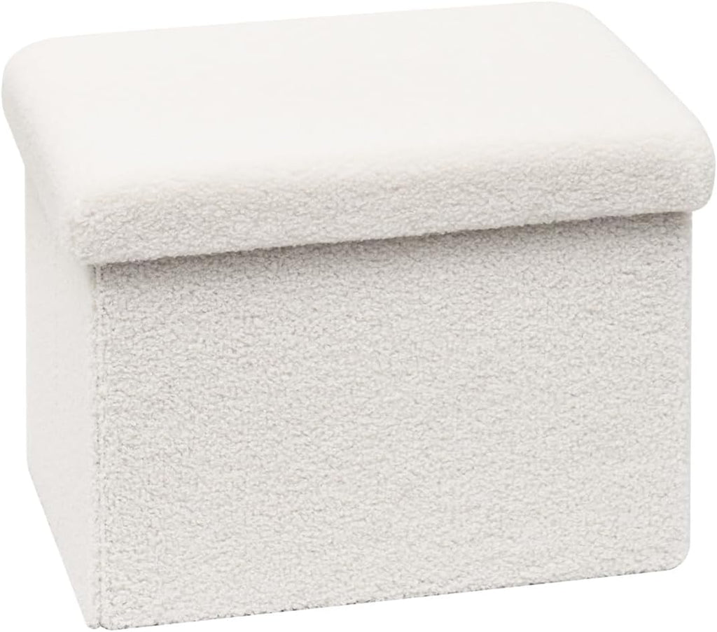 Small Ottoman with Storage, Sherpa Storage Ottoman Cube, Boucle Folding Foot Rest for Dorm, Living Room, Bedroom, White, 16.5"x12.6"x12.6"