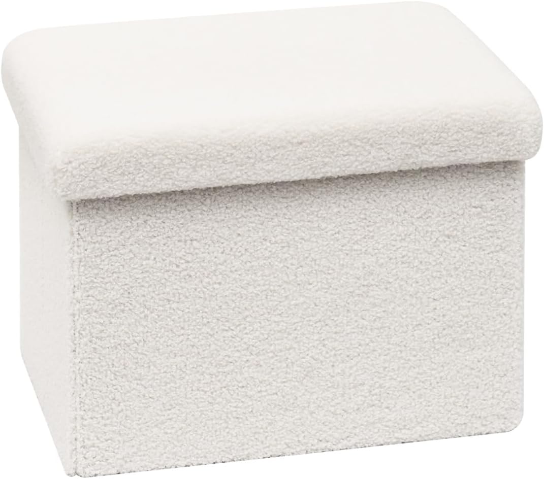 Small Ottoman with Storage, Sherpa Storage Ottoman Cube, Boucle Folding Foot Rest for Dorm, Living Room, Bedroom, White, 16.5"x12.6"x12.6"