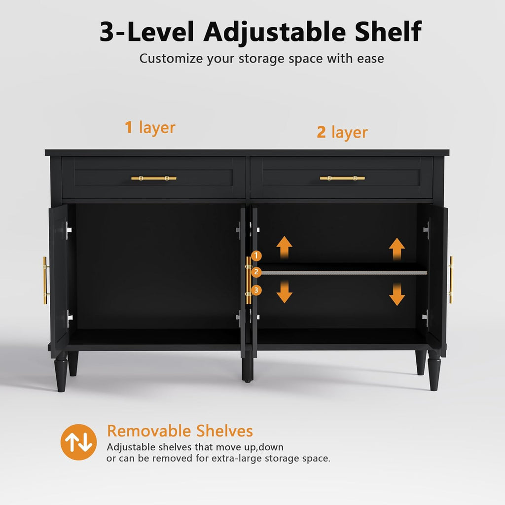 58 Inch Sideboard Buffet Cabinet with Storage, Fluted Buffet Storage Cabinet with 2 Drawers and 4 Doors, Modern Coffee Bar with Adjustable Shelves for Living Room, Kitchen (Black)