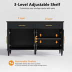 58 Inch Sideboard Buffet Cabinet with Storage, Fluted Buffet Storage Cabinet with 2 Drawers and 4 Doors, Modern Coffee Bar with Adjustable Shelves for Living Room, Kitchen (Black)