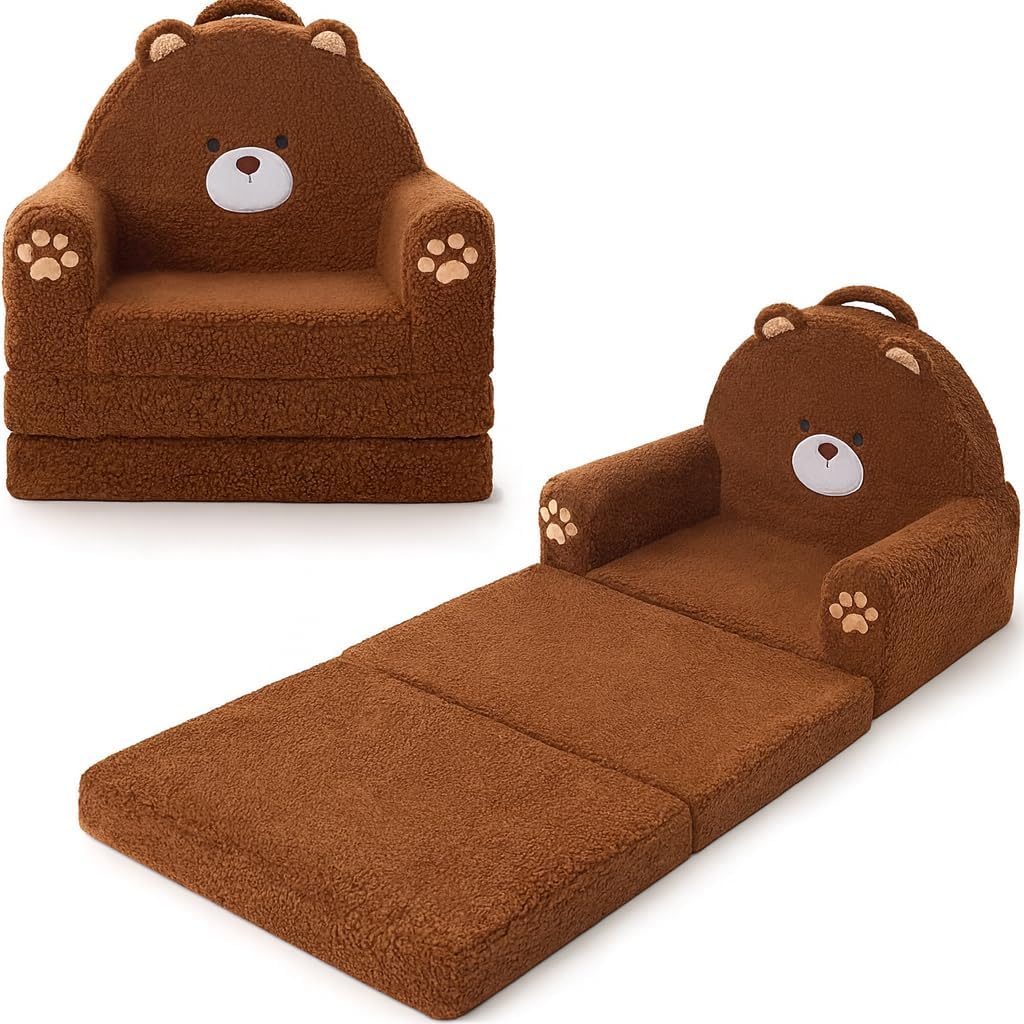 MOONBEEKI 2-in-1 Foldable Toddler Couch, Soft Sherpa Fabric with Washable Cover, Convertible Sofa to Lounger, Kids Sofa for Playroom, Bedroom, Living Room, Birthday Gift, Bear, Medium