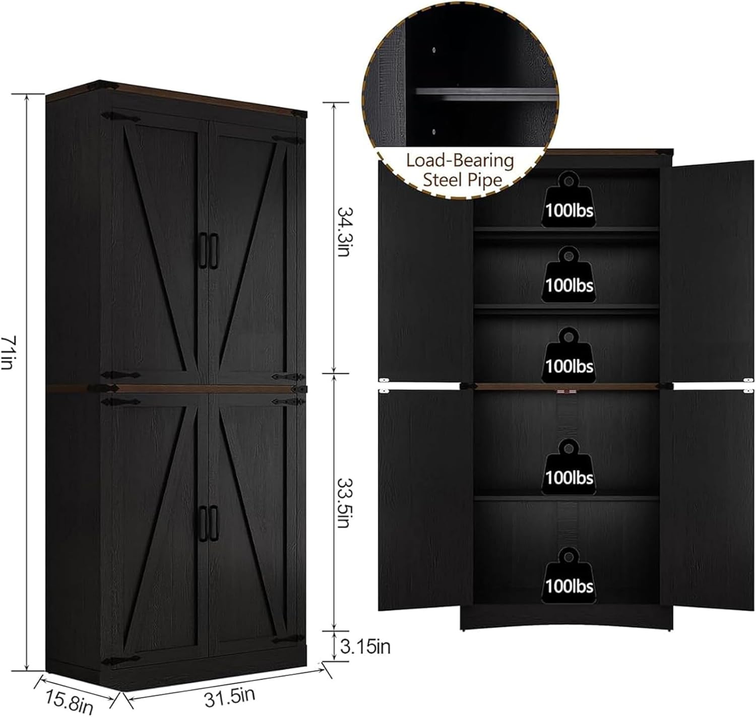 Hlivelood 71" Tall Kitchen Pantry,Farmhouse Storage Cabinet with Adjustable Shelves,Load-Bearing Steel Pipe,Farmhouse Pantry Cabinet with 4 Barn Doors,for Kitchen,Dining Room,Living Room(Black)