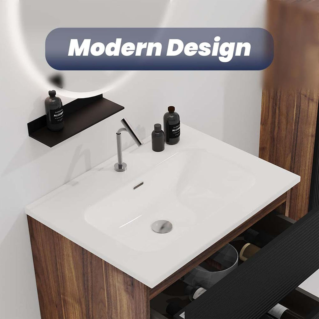 24 Inch Gloss White Ceramic Bathroom Sink - Integrated Basin with 1 Faucet Hole, Modern Design, Easy to Clean, Not Include Faucet & Drain