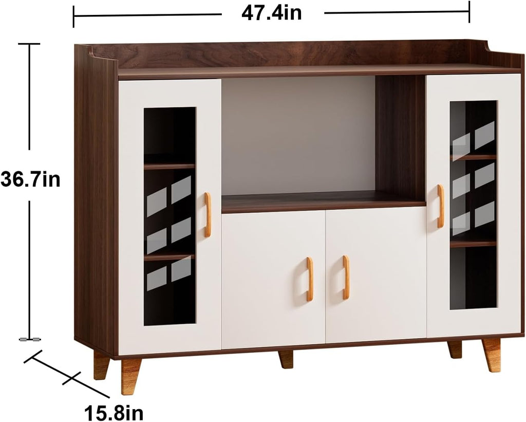 120cm Kitchen Storage Cabinet with 4 Doors & Open Shelf, Wood Grain Buffet Sideboard for Dining Room, Multi-Purpose TV Stand & Coffee Bar Cabinet Brown