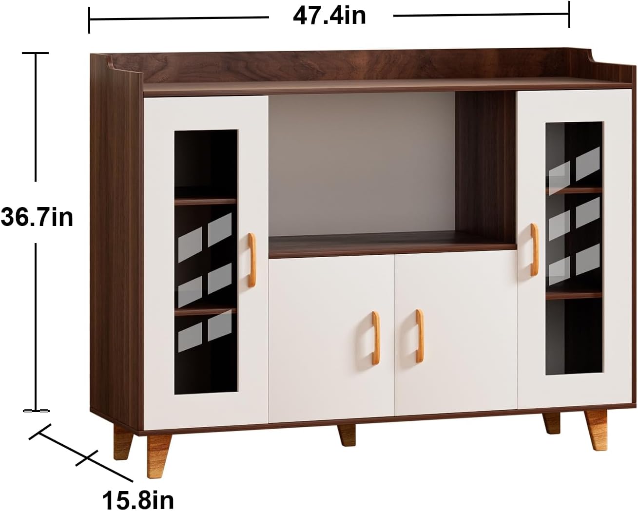 120cm Kitchen Storage Cabinet with 4 Doors & Open Shelf, Wood Grain Buffet Sideboard for Dining Room, Multi-Purpose TV Stand & Coffee Bar Cabinet Brown