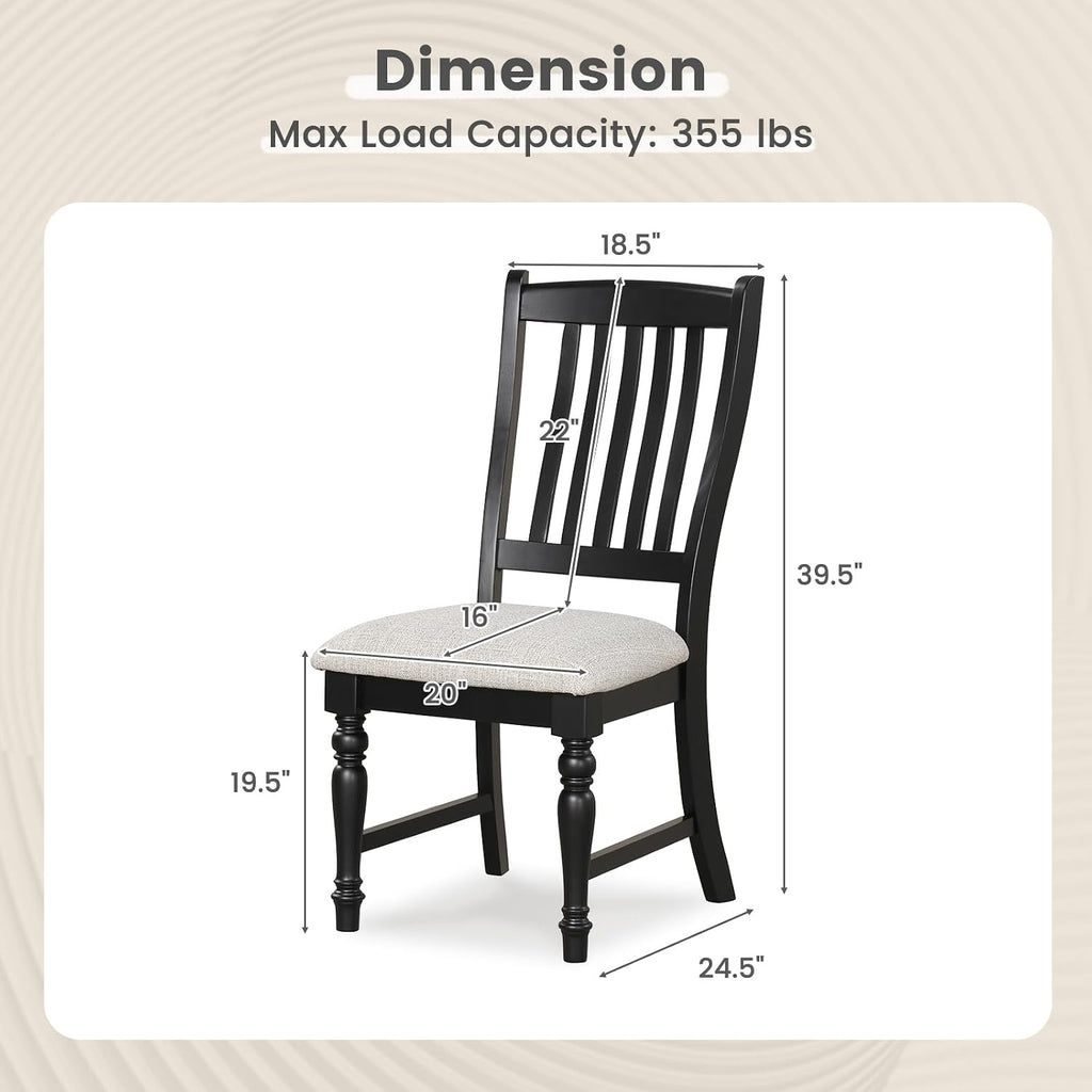 Giantex Wood Dining Chairs Set of 2, Farmhouse Black Kitchen Chair with Solid Wood Frame, Max Load 355 Lbs, Armless Upholstered Dining Side Chairs with Cushion Seat, Slat Back Dining Room Chairs