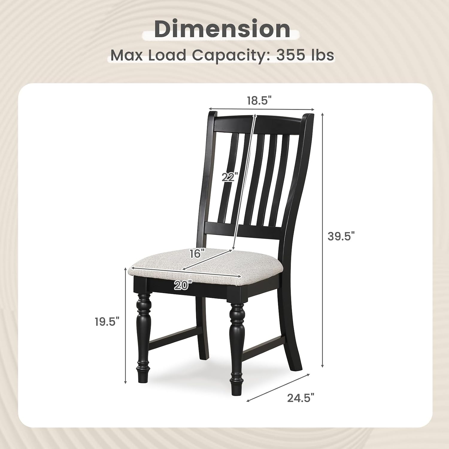 Giantex Wood Dining Chairs Set of 2, Farmhouse Black Kitchen Chair with Solid Wood Frame, Max Load 355 Lbs, Armless Upholstered Dining Side Chairs with Cushion Seat, Slat Back Dining Room Chairs