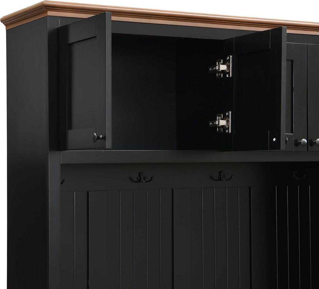 59"W Black Hall Tree Entryway Storage Bench with Extra Large Side Storage, 78.7"H Wooden Coat Shoe Rack Organizer with Hooks, Cabinets and 4 Drawers for Hallway, Entryway, Living Room or Mudroom