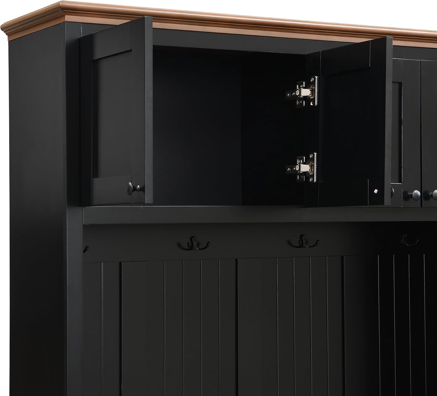 59"W Black Hall Tree Entryway Storage Bench with Extra Large Side Storage, 78.7"H Wooden Coat Shoe Rack Organizer with Hooks, Cabinets and 4 Drawers for Hallway, Entryway, Living Room or Mudroom