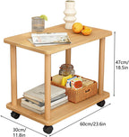Rolling End Table with Wheels, 2-Tier 150lb Shelf, MDF Top Solid Wood Frame, Industrial Sofa/Coffee Table Wooden Color