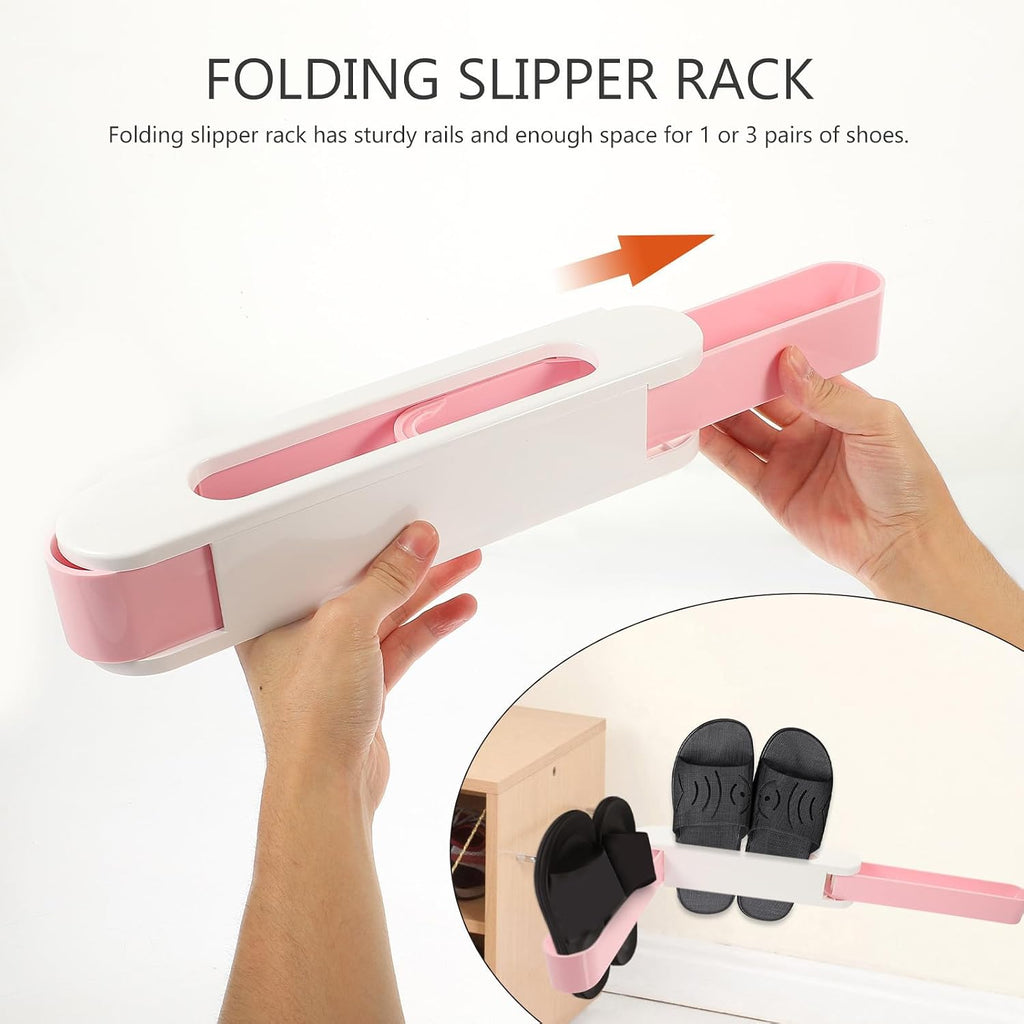 Wall Mounted Folding Shoe Rack Organizer with No Punching Installation, Pink Plastic Material, Sturdy Rails for Sandals and Shoes, Space Saving Storage for Bathroom and Families