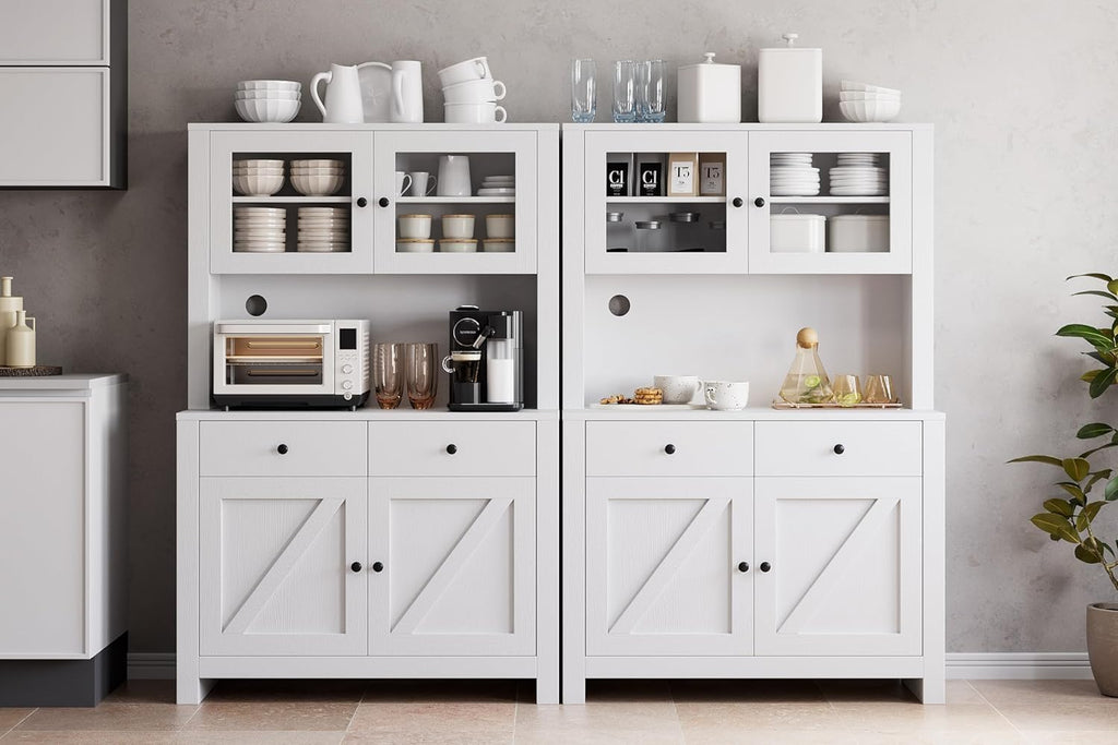 Freestanding Kitchen Pantry Cabinet with Microwave Countertop, Tall Storage Hutch Buffet Cupboard with Adjustable Shelves & Tempered Glass Door, Multifunctional Storage Cabinet for Kitchen Dining Room