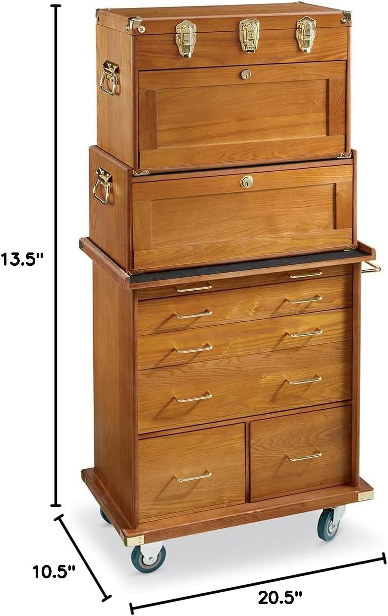 CASTLECREEK 4-Drawer Collector's Chest, Wooden Desk Storage Box Organizer Lockable Compartments Oak