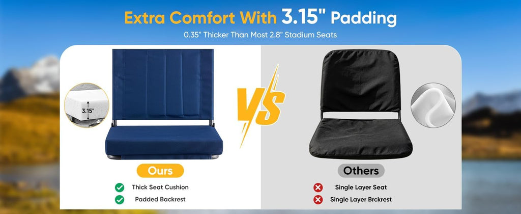 NEWBULIG Stadium Seats with 15.6" Back Support, Wide Bleacher Chairs with 3.15" Thick Padded, Portable Folding Lightweight Bleacher Seat with Hooks for Sports Events, Concerts, Camping, Dark Blue