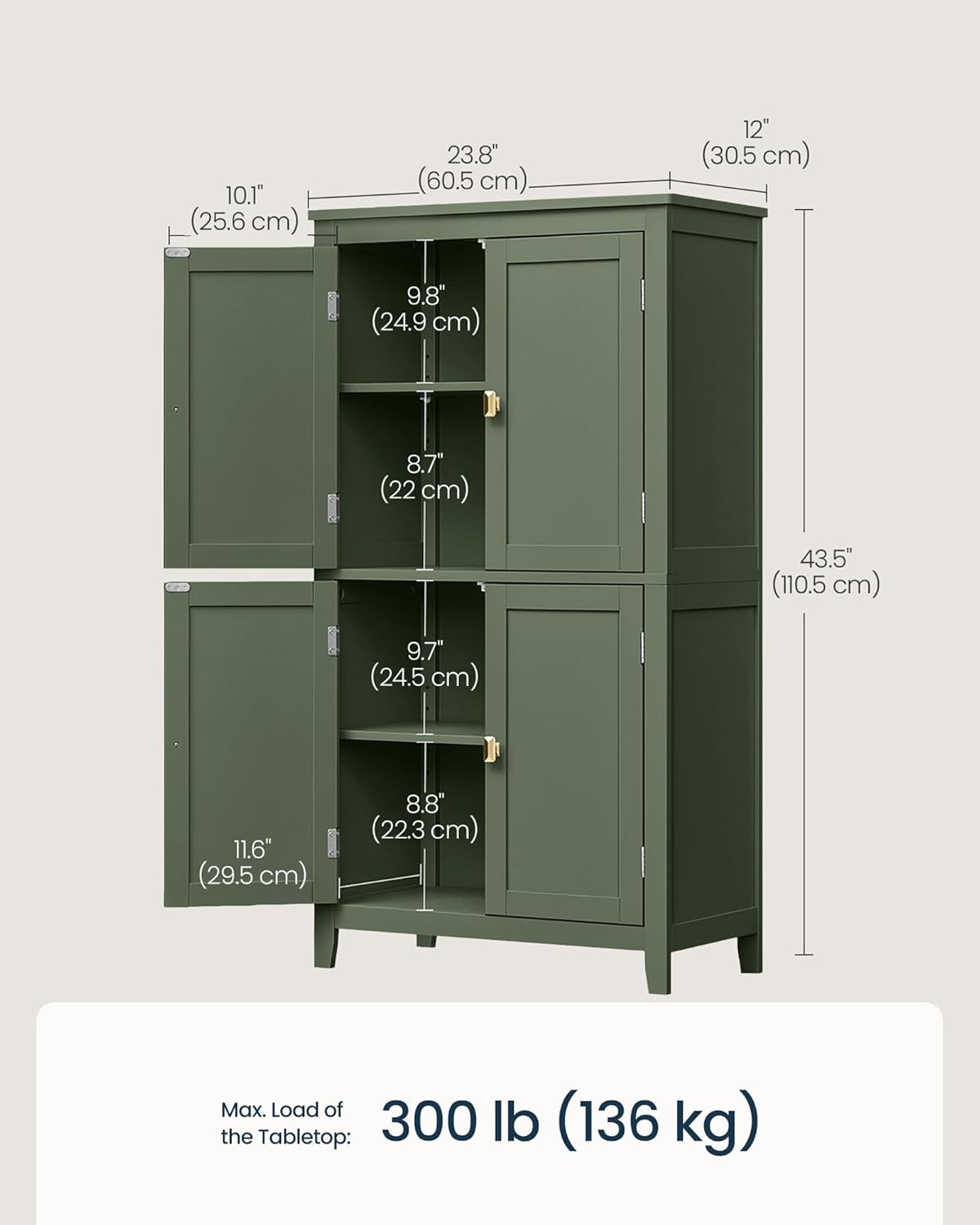 SONGMICS HOME Freestanding Storage Cabinet, Floor Cabinet with Elevated Legs, Metal Handles, for Living Room, Kitchen, Bathroom, Green