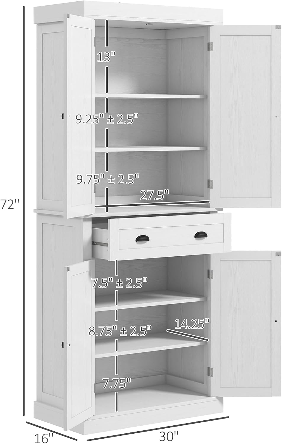 72.5" Kitchen Pantry Cabinet, Traditional Freestanding Storage Cabinet with 4 Doors, Drawer and 3 Adjustable Shelves for Dining Room, White Wood Grain