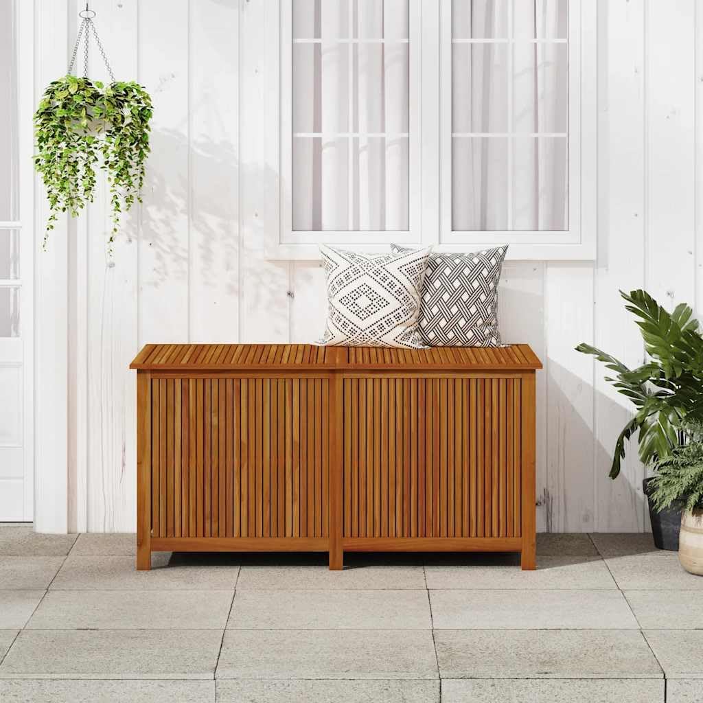 Solid Acacia Wood Patio Storage Box 59.1x31.5x29.5 Inches with Waterproof Bag, Gas-Lift Lid, Bench and Side Table for Cushions, Pillows, Garden Tools