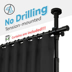 JILRON No-Drill Room Divider Curtain Set: Includes 106" W x 84" L Black Curtain & Adjustable Pole Brackets (35-100" W x 43-120" H Adjustable Range)