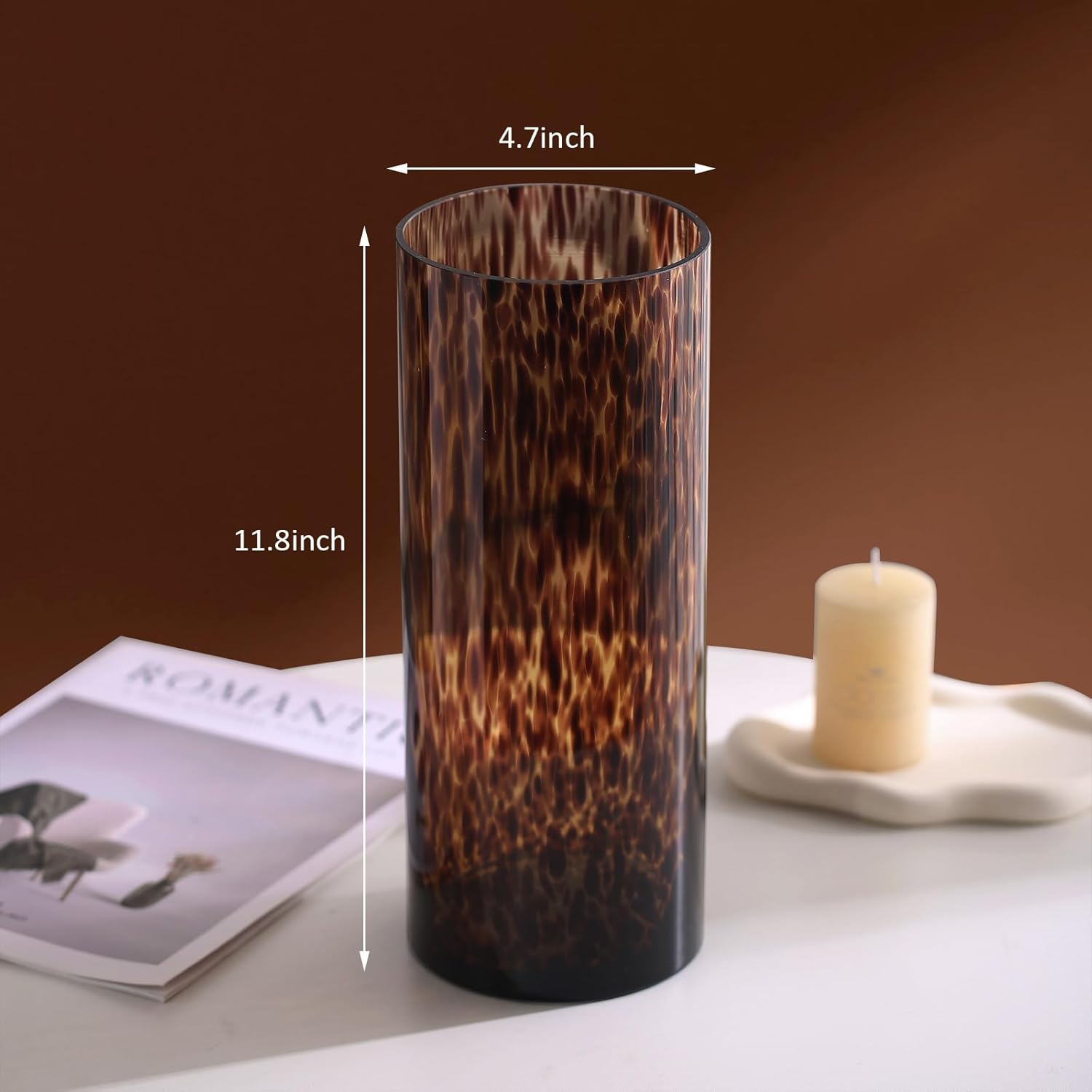 11.8" High Luxe Leopard Glass Vase — Unique Modern Amber Brown Centerpiece for Home Decor, Everyday Elegance Vase