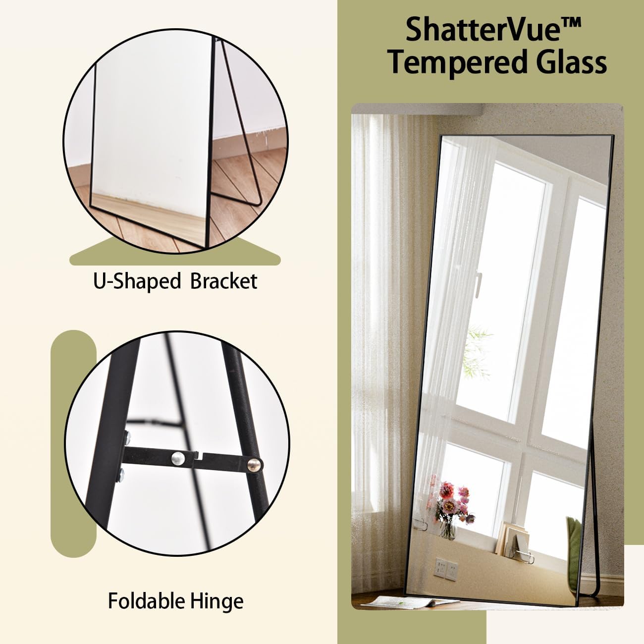 BEAUTYPEAK Full Length Mirror with Stand, 56"x21" Floor Mirror with Aluminum Alloy Thin Frame, ShatterVue Tempered Full Body Mirrors, Free Standing or Wall-Mounted Mirrors for Living Room, Black