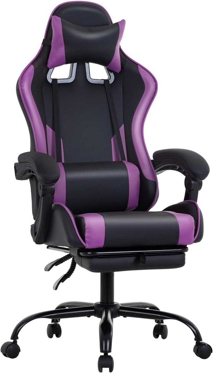 Gaming Office Chair w/Footrest Lumbar Support Headrest Armrest (Purple)