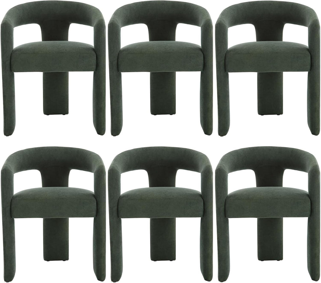 KIVENJAJA Barrel Dining Room Chairs Set of 6, Green Modern Boucle Kitchen Chairs with Round Back & Arm, Comfy Sherpa Upholstered Accent Armchair for Living Room Recption Office Vanity