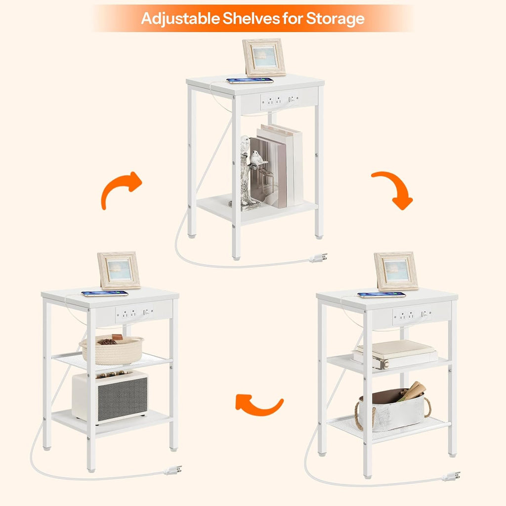 HOOBRO Side Tables Set of 2 with Charging Station and USB Port, Small End Tables for Small Space, 3-Tier Nightstands with Adjustable Shelf, for Living Room, Bedroom, White WW112BZP201