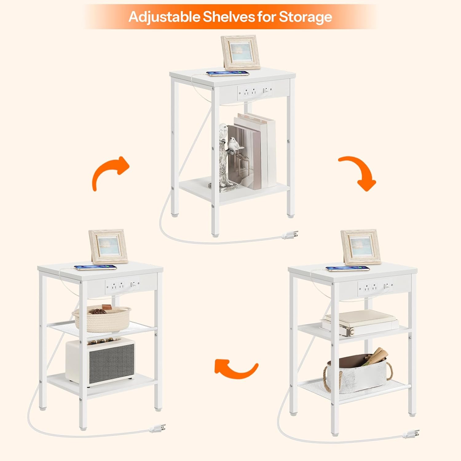 HOOBRO Side Tables Set of 2 with Charging Station and USB Port, Small End Tables for Small Space, 3-Tier Nightstands with Adjustable Shelf, for Living Room, Bedroom, White WW112BZP201