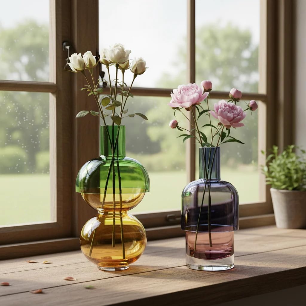 Cloudnola Reversible Glass Flower Vase and Bud Vase Lemon Set of 2, Green & Yellow and Blue & Pink, Ideal Gift Set, for Home, Wedding, and Event Décor (Lemon)