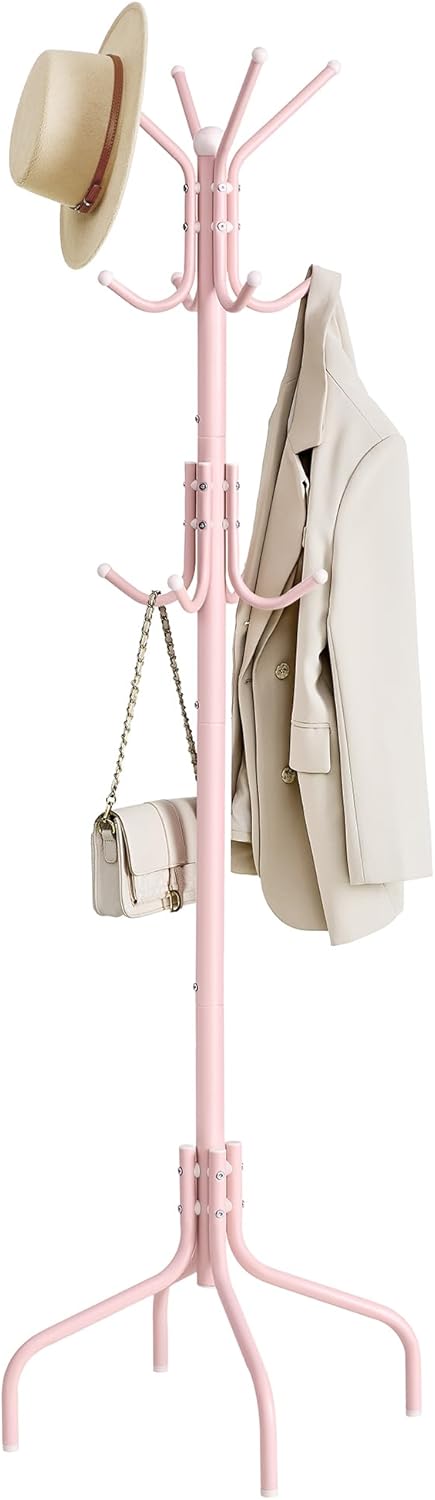 SONGMICS Coat Rack Freestanding, Metal Coat Rack Stand with 12 Hooks and 4 Legs, Holds Clothes, Hats, and Bags, for Entryway, Living Room, Bedroom, Brown URCR031Z01