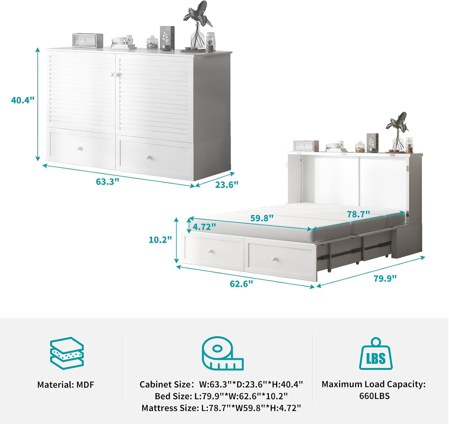 BALUS 63.3“W Murphy Bed Queen, Cabinet Bed with USB Ports & Large Storage Drawer, Wooden Murphy Cabinet Beds, Queen Wall Bed for Living Room/Bedroom -White