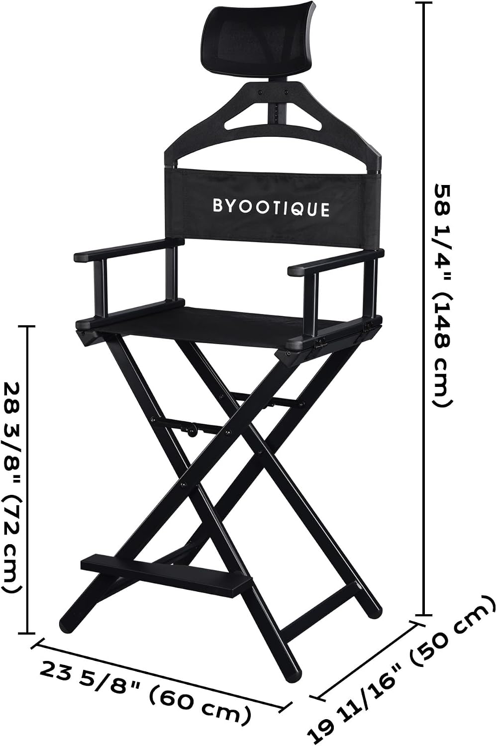 BYOOTIQUE Makeup Artist Stool Chair Protable 28" Height Tall Folding Directors Chair Aluminum Makeup Chair with Head Rest for Wedding Hair Stylist Studio Salon Vanity Craft Show, Black
