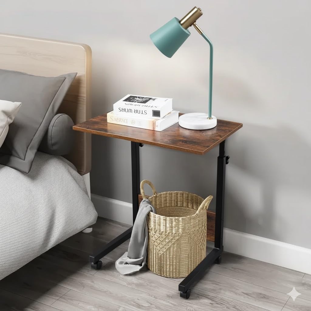 Rolling Height Adjustable C-Shaped Side Table, 15MM P2 Chipboard and Steel Laptop Cart with Edge Stopper, Rustic Brown for Living Room Bedroom Couch Bed