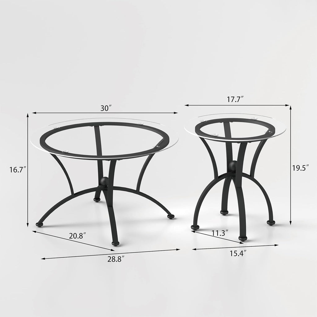 3 Tempered Glass Coffee Table Set, Decor Coffee Table Round End Side Table with Sturdy Construction for Living Room (Rustic Black)
