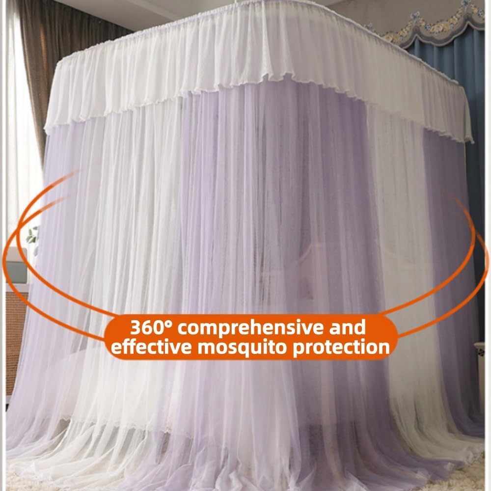 U-Shaped Rail Canopy Bed with Metal Frame, Double Layer Bed Mosquito Net for Bedroom Decoration, Lace Design Curtains Canopy for Twin, Full, Queen Beds(Green,Small)