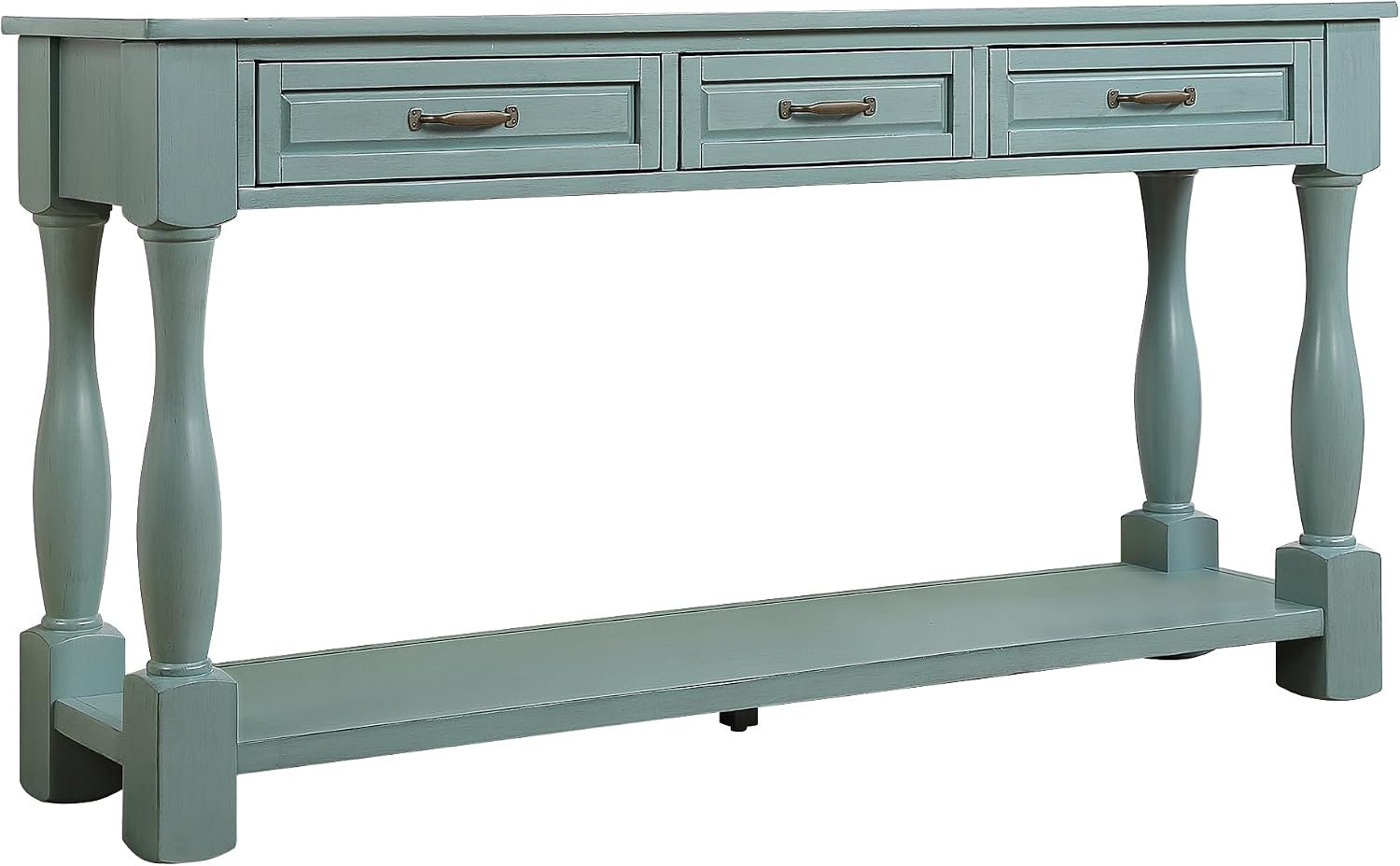 Merax Retro Console Table with 4 Drawers for Entryway, Sofa Table with Open Storage Shelf, Wood Side Table with Thick Legs for Living Room Bedroom, Retro Blue