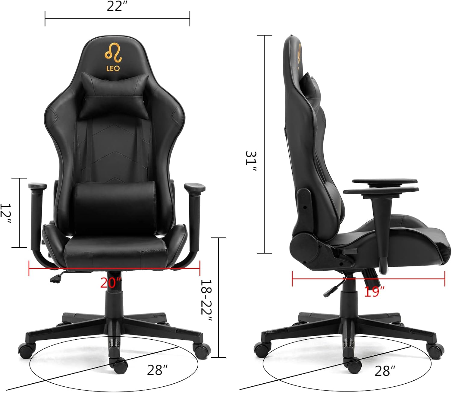 Modern-Depo Leo Gaming Chair with Zodiac Star Sign, Ergonomic Design, Adjustable Swivel, and Lumbar Support, Black