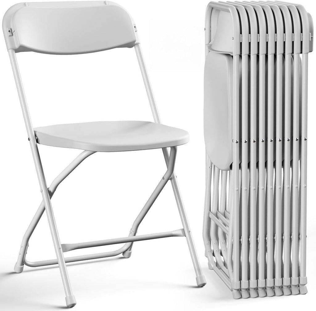 Folding Chairs 10 Pack, Outdoor Plastic Sturdy Metal Folding Chairs for Outside Indoor, Portable 350 lbs Capacity Heavy Duty Foldable Commercial Seating for Picnic, Party, Patio, Office, White Color