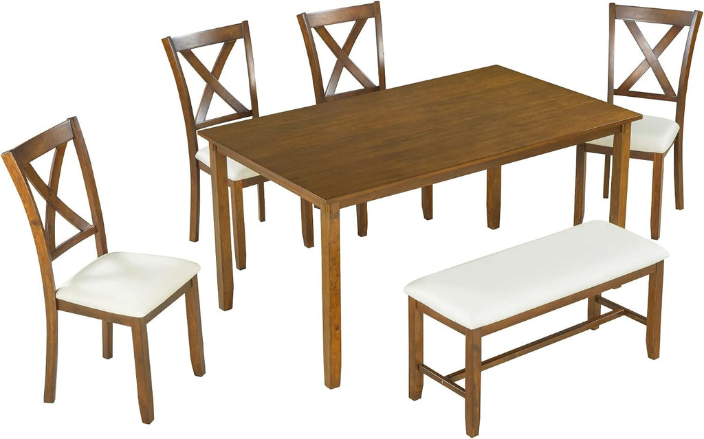 Merax 60" Farmhouse Dining Table Set for 6, Wooden Rectangular Dining Kitchen Table with 4 Fabric Chairs & Bench, 6-Piece Dining Room & Living Room Furniture, Natural Cherry