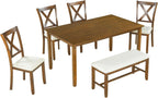 Merax 60" Farmhouse Dining Table Set for 6, Wooden Rectangular Dining Kitchen Table with 4 Fabric Chairs & Bench, 6-Piece Dining Room & Living Room Furniture, Natural Cherry