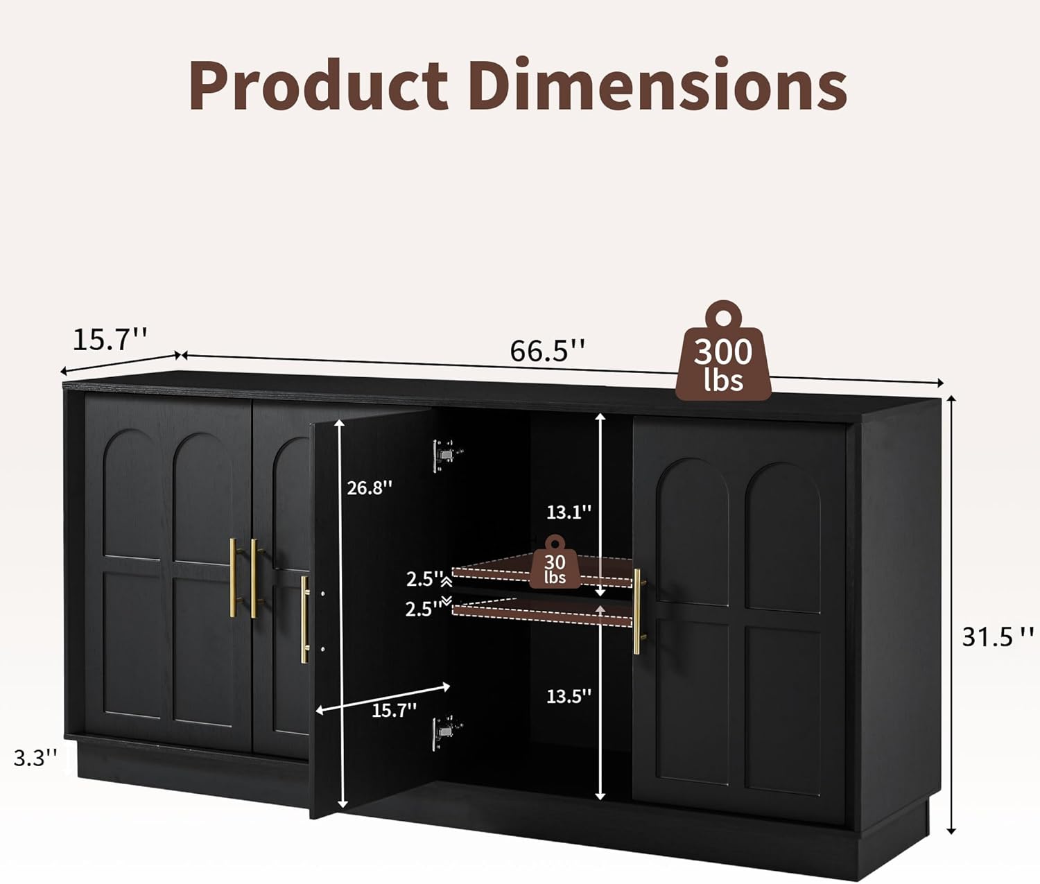 66.5" Sideboard Buffet Cabinet with Storage, Modern Credenza with Arched Doors, Large Wood Accent Cabinet for Living Room Entryway (Black)