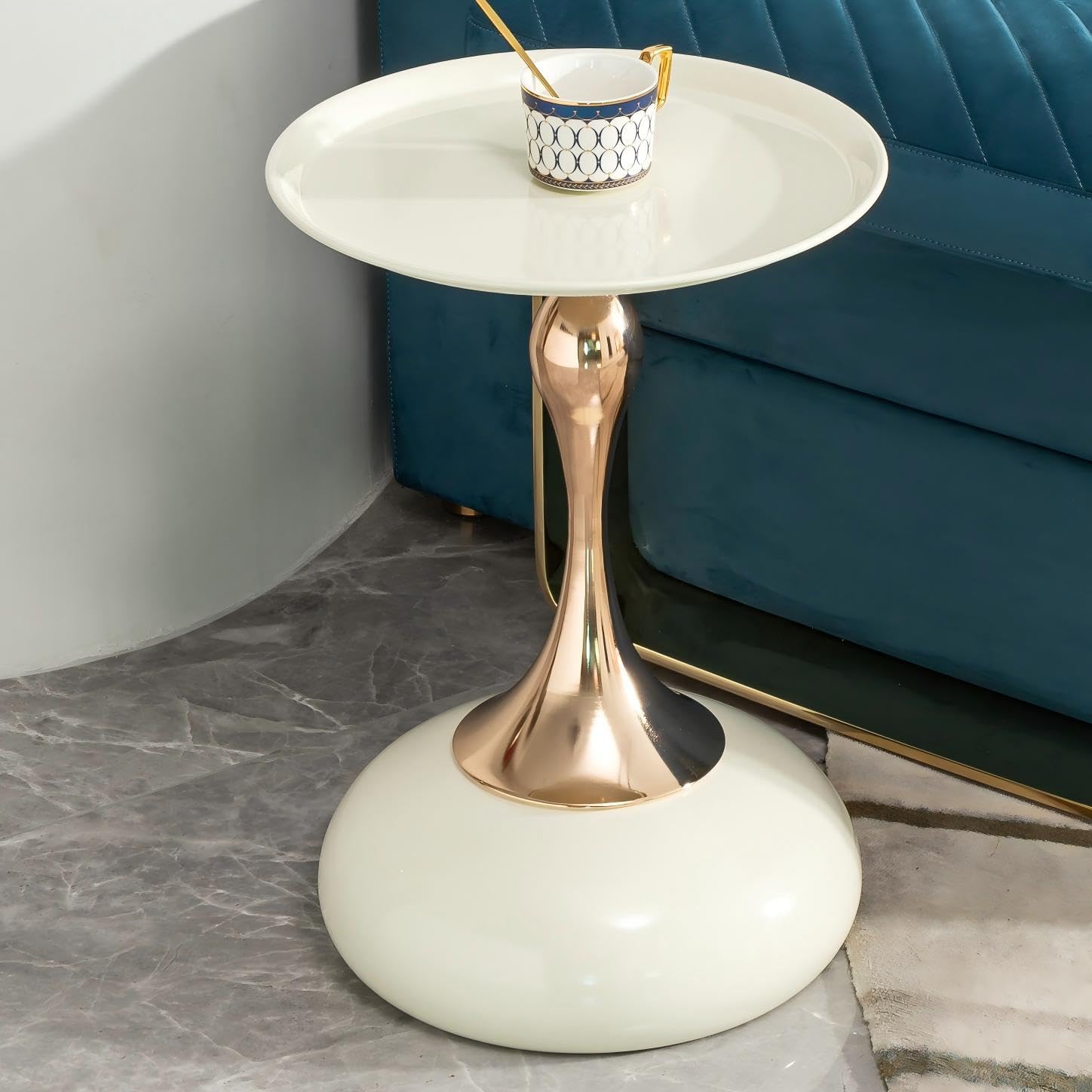 Round End Table with Rose Gold Base – Modern Metal Tray Top, Luxury Cream Side Table, Pedestal Accent Table for Living Room, Bedroom, or Nursery (Cream & Rose Gold)
