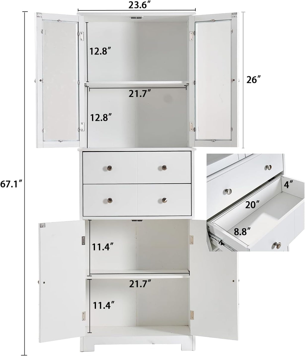 67" Tall White Kitchen Pantry Cabinet with Doors & Drawers - Large Storage Cupboard for Kitchen, Bathroom, Craft Room, 2 Glass Doors, Adjustable Shelf, 24" W x 12" D x 67" H, Easy Assembly
