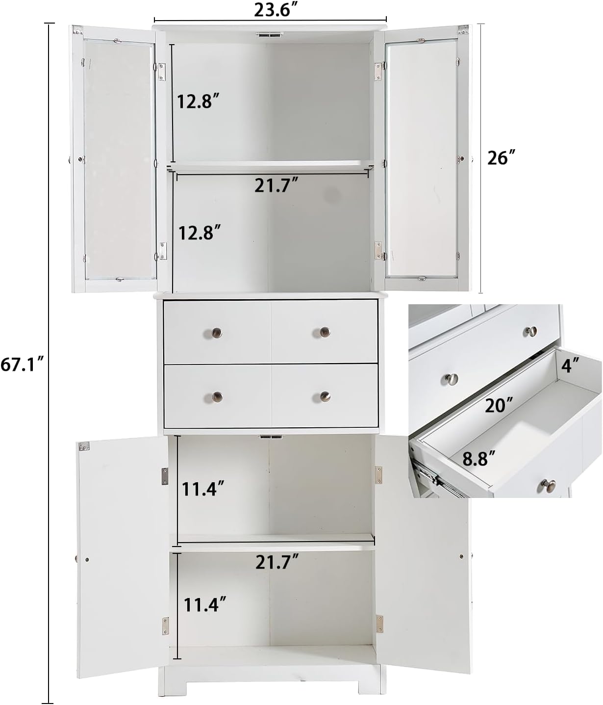 67" Tall White Kitchen Pantry Cabinet - Ample Storage with Doors & Drawers for Food, Bathroom Essentials & Craft Supplies!