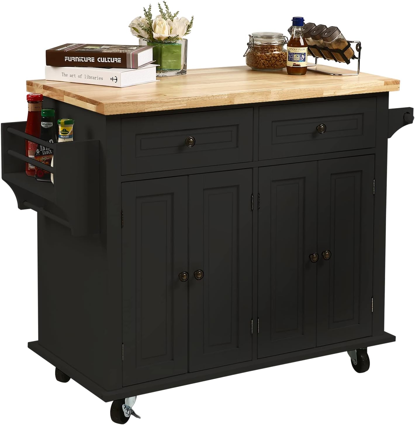 NSdirect Kitchen Island Cart,Kitchen Bar&Serving Cart Rolling on Wheels with Spice Rack Towel Holder Utility Storage Trolley with Storage Drawers for Home Hotel Kitchen Dinning Room(Black)