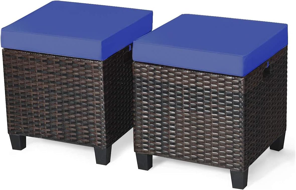 Giantex 2-Piece Rattan Patio Ottoman, All Weather Wicker Ottoman w/Removable Cushion & Steel Frame, Outdoor Footstool Footrest Furniture (Navy Blue)