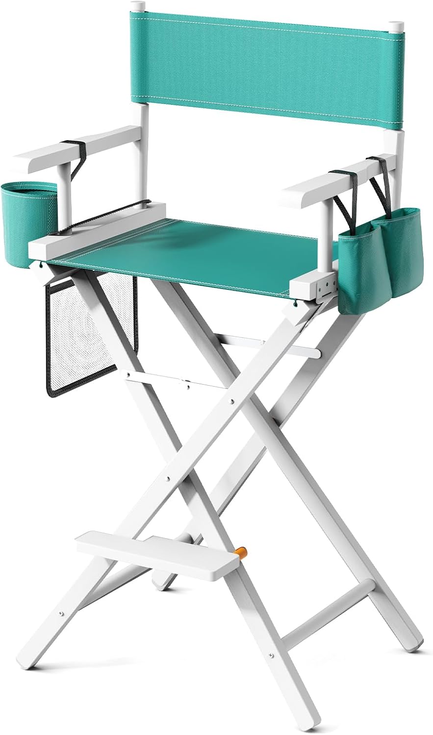OmySalon Director's Chair 31" Height Folding Portable w/Storage Pouch & Footrest, Makeup Artist Chair for Salon, Events, Mobile, 250lb Capacity, White Wood Frame & Turquoise Canvas Seat