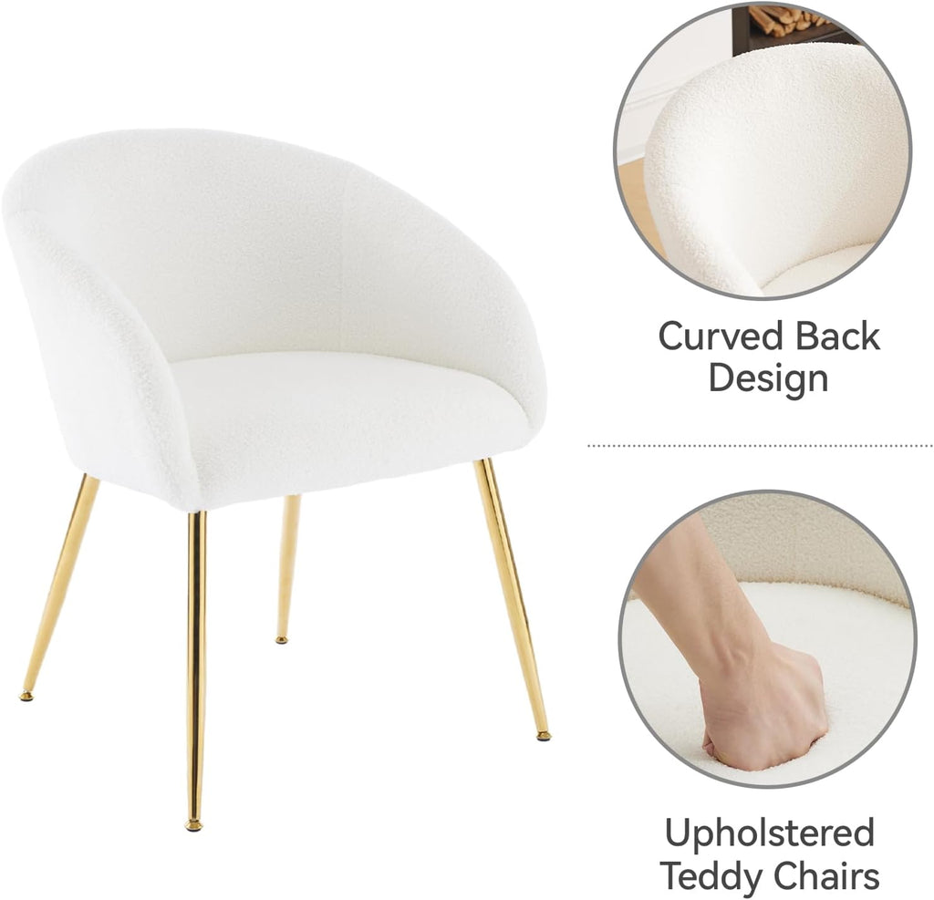 Modern Vanity Chair, Living Room Chair with Metal Legs,Teddy Fabric Dining Chair, Comfy Accent Chair for Makeup Room, Waiting Room, Dressing Room, Bedroom, Dining Room, Home Office (1, White)