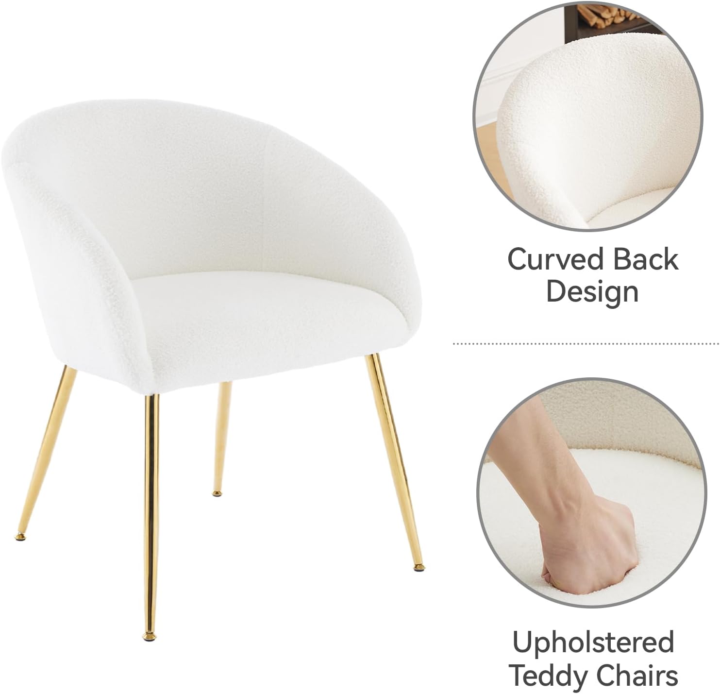 Modern Vanity Chair, Living Room Chair with Metal Legs,Teddy Fabric Dining Chair, Comfy Accent Chair for Makeup Room, Waiting Room, Dressing Room, Bedroom, Dining Room, Home Office (1, White)